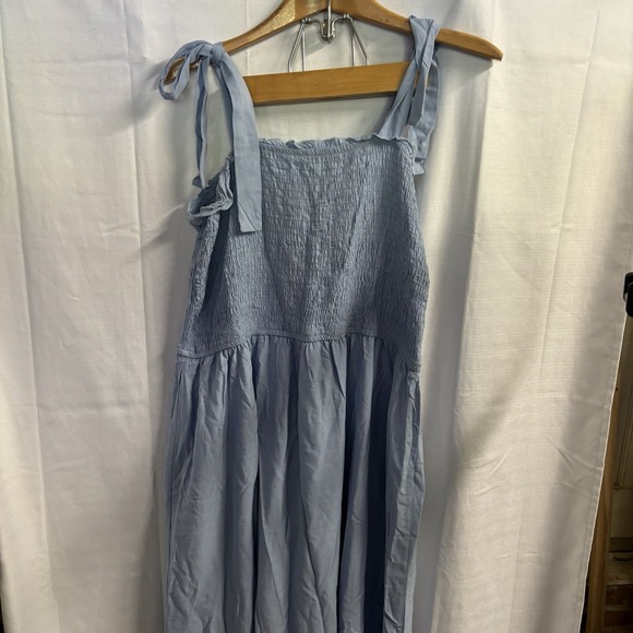 Women's Blue Nap Dress XXL Smocked Elastic‎ Top Shoulder Ties Viscose - Picture 6 of 7